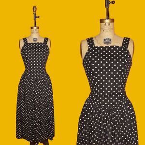 1980s-1990s. MURIA Black & White DROP WAIST. Cotton. Polka Dot Sun Dress. S-M